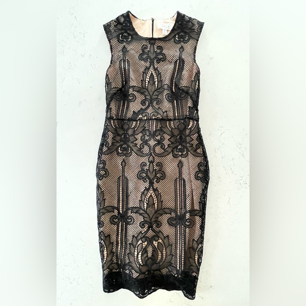 Shilla The Label Australian Black Crochet Lace Midi Dress Nude Lining Size Small